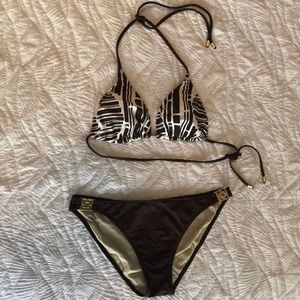 Trina Turk brown and white bikini with gold detail